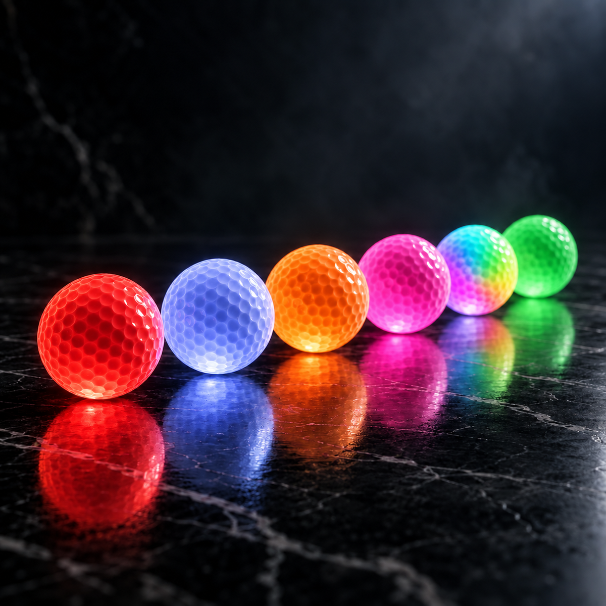 Six coloured DUSK GOLF LED golf balls
